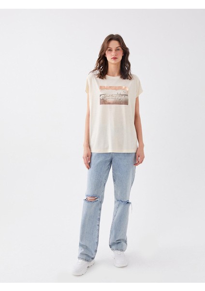 Lcw Vision Bisiklet Yaka Baskılı Kısa Kollu Oversize Kadın Tişört modelleri