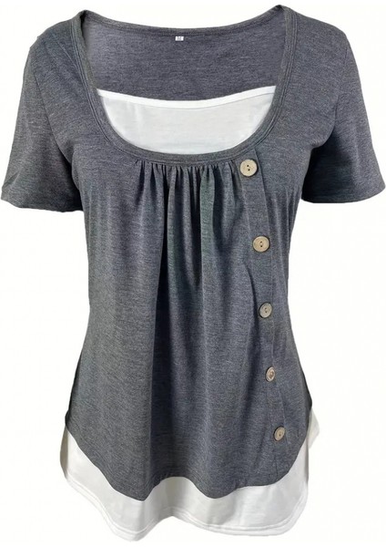 Kadın Kısa Kollu Önü Düğme Detay Çift Renk Viskon Bluz fiyatları