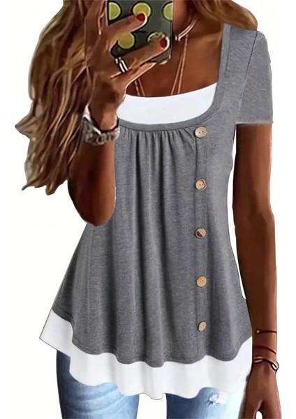 Kadın Kısa Kollu Önü Düğme Detay Çift Renk Viskon Bluz fırsatları