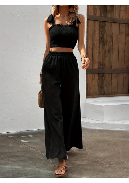 Kadın Üstü Gipeli Crop Beli Lastikli Bol Pantolon Bürümcük Ikili Takım modelleri