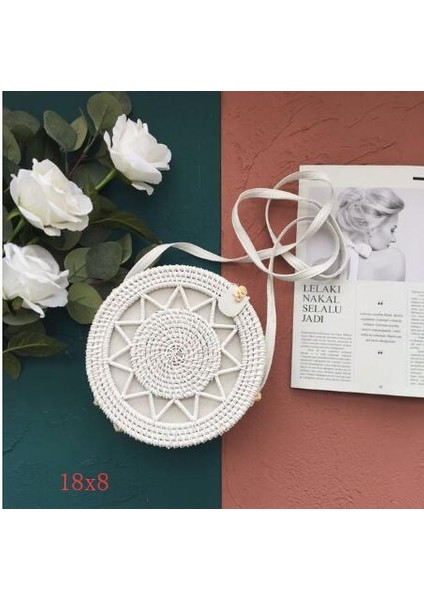 BEYAZPIKOU18X8 Tarzı Dokuma Kamış Örgü Çanta Yuvarlak Hasır Omuz Çantası Küçük Plaj Çantaları Kadın Yaz Hollow El Yapımı Messenger Crossbody Çanta (Yurt Dışından)