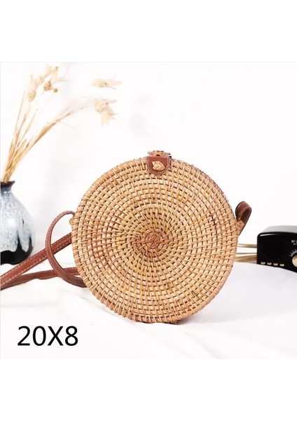PIKOU20X8CM Tarzı Dokuma Kamış Örgü Çanta Yuvarlak Hasır Omuz Çantası Küçük Plaj Çantaları Kadın Yaz Hollow El Yapımı Messenger Crossbody Çanta (Yurt Dışından)
