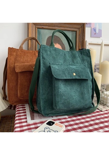 Bej Tarzı Hylhexyr Kadife Omuz Çantası Kadın Vintage Alışveriş Çantaları Fermuar Kız Öğrenci Bookbag Çanta Dış Cep ile Rahat Tote (Yurt Dışından) fiyatları