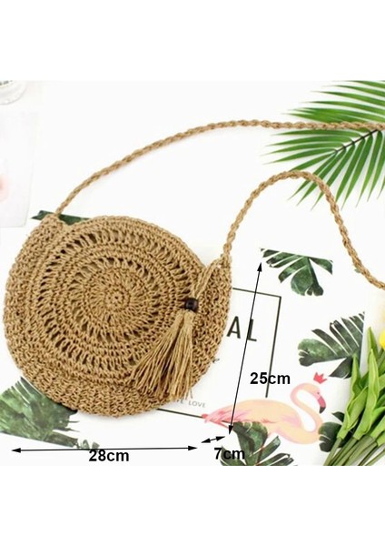 Haki Stili1 Stili Yogodlns Yuvarlak Yumuşak Kağıt Halat Omuz Çantası Püskül Yaz Plaj El Yapımı Crossbody Çanta Kadın Hollow Hasır Çanta Daire Rattan Çanta (Yurt Dışından)