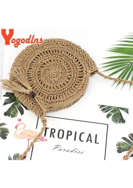 Haki Siyah Style2 Stili Yogodlns Yuvarlak Yumuşak Kağıt Halat Omuz Çantası Püskül Yaz Plaj El Yapımı Crossbody Çanta Kadın Hollow Hasır Çanta Daire Rattan Çanta (Yurt Dışından)