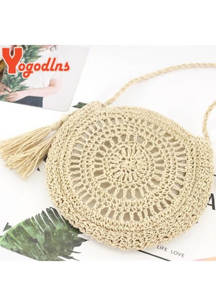 Haki Siyah Style2 Stili Yogodlns Yuvarlak Yumuşak Kağıt Halat Omuz Çantası Püskül Yaz Plaj El Yapımı Crossbody Çanta Kadın Hollow Hasır Çanta Daire Rattan Çanta (Yurt Dışından)