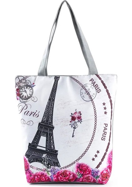 Taş Stili Moda Sanat Trendi Paris Kulesi Kadın Çantaları Eko Yeniden Kullanılabilir Keten Yapı Baskılı Çanta Açık Cepler Çiçekli Alışveriş Çantası Tüm Maç (Yurt Dışından) fiyatları