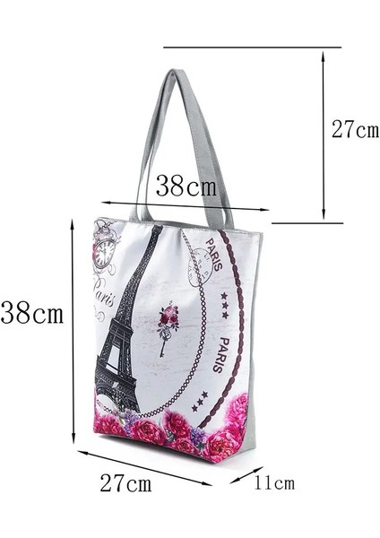 Taş Stili Moda Sanat Trendi Paris Kulesi Kadın Çantaları Eko Yeniden Kullanılabilir Keten Yapı Baskılı Çanta Açık Cepler Çiçekli Alışveriş Çantası Tüm Maç (Yurt Dışından) modelleri