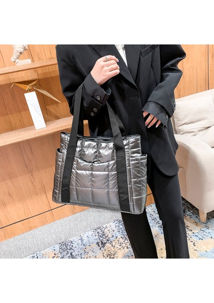 Siyah B Stili Uzay Yastıklı Kadın Omuz Çantaları Kış Büyük Kapasiteli Siyah Çanta Tasarımcısı Naylon Pamuk Sıcak Tote Katı Ana Kesesi (Yurt Dışından) fırsatları