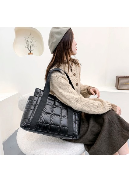 Siyah B Stili Uzay Yastıklı Kadın Omuz Çantaları Kış Büyük Kapasiteli Siyah Çanta Tasarımcısı Naylon Pamuk Sıcak Tote Katı Ana Kesesi (Yurt Dışından) indirimleri