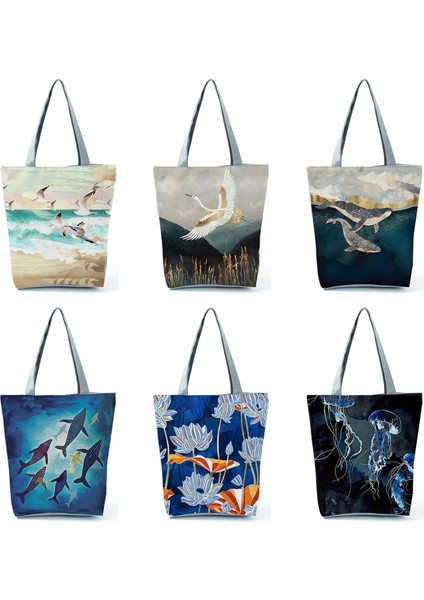 HL0736 Stili Ukiyoe Tasarım Peyzaj Baskı Çanta Japon Rahat Alışveriş Çantası Bayanlar Eko Yeniden Kullanılabilir Omuz Bakkaliye Yüksek Kapasiteli Tote (Yurt Dışından) indirimleri