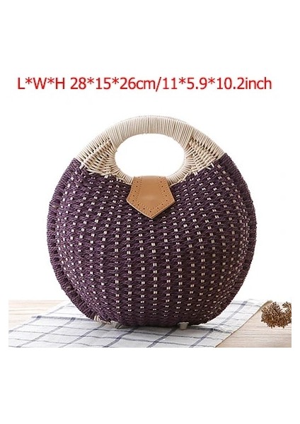 Mor Tarzı Moda Hasır Dokuma Rattan Çanta Kadın Çanta Yuvarlak Zincir Hasır Omuz Çantası Wome Bohemia Boho Çanta Için Crossbody Çanta (Yurt Dışından)