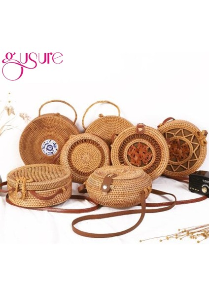 No.13 Tarzı Gusure Dokuma Kamış Örgü Çanta Yuvarlak Hasır Omuz Çantası Küçük Plaj Çantaları Kadın Yaz Hollow El Yapımı Messenger Crossbody Çanta (Yurt Dışından)