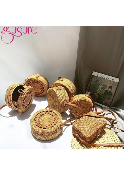 No.13 Tarzı Gusure Dokuma Kamış Örgü Çanta Yuvarlak Hasır Omuz Çantası Küçük Plaj Çantaları Kadın Yaz Hollow El Yapımı Messenger Crossbody Çanta (Yurt Dışından)