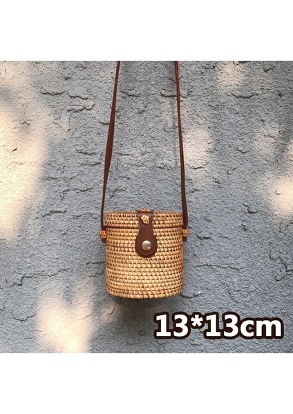 Stil 12-13X13CM Stili Hasır Plaj Çantası El Yapımı Örgü Örgü Desenli Yuvarlak Rattan Çanta Kadın Yaz Bali Bohemia Omuz Çantası Çanta (Yurt Dışından)