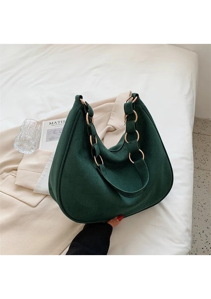 Yeşil Stil 34X9X29CM High- Women's Autumn And Winter Retro Large-Capacity BAG2021NEW Bag Female Large Bag Suede Shoulder Bag Casual Bucket Bag (Yurt Dışından)