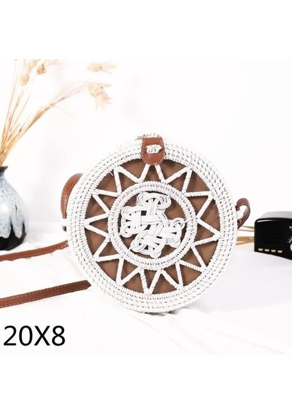 BIANHUAZONG20X8 Stili Dokuma Kamış Örgü Çanta Yuvarlak Hasır Omuz Çantası Küçük Plaj Çantaları Kadın Yaz Hollow El Yapımı Messenger Crossbody Çanta (Yurt Dışından)