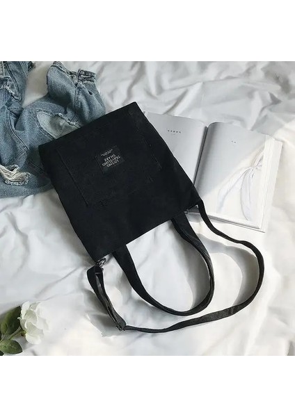 Siyah Stil Kadın Kadife Omuz Çantaları Çizgili Kumaş Kumaş Çanta Rahat Zip Tote Kanvas Crossbody Çanta Bayanlar Için Sevimli Alışveriş Çantası (Yurt Dışından)