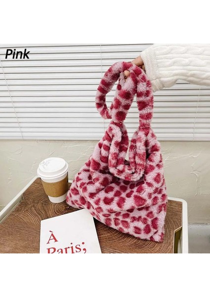 Pembe Stil Peluş Tote Çanta Wome Moda Inek Baskı Omuz Çantası Leopar Baskı Yumuşak Peluş Çanta Kadın Kış Messenger Çanta (Yurt Dışından)