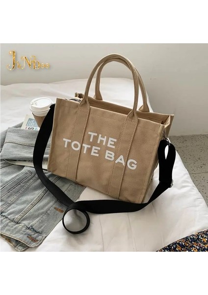 Haki Stili 32CM-15CM-26CM Moda Tasarımcıları Edebi Mektup Baskı Kadın Bez Çanta Kadın Büyük Kapasiteli Tuval Omuz Kadın Çapraz Alışveriş Çantası (Yurt Dışından)