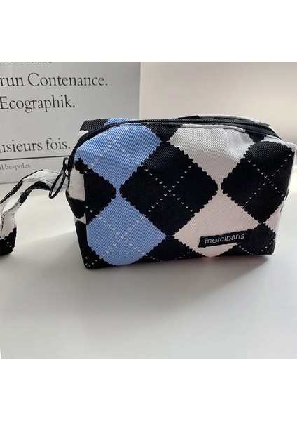 Büyük Mavi Ekose Stili Japon Tarzı Ekose Kozmetik Çantası Kadın Kanvas Çanta Çanta Organizatör Kalem Çantaları Ruj Çanta Makyaj Çantası Kadın Leopar Çanta (Yurt Dışından)