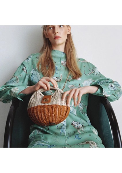 Yeşil Stil Moda Hasır Dokuma Rattan Çanta Kadın Çanta Yuvarlak Zincir Hasır Omuz Çantası Wome Bohemia Boho Çanta Için Crossbody Çanta (Yurt Dışından) modelleri