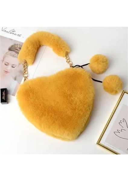Sarı Stil 23X20CM Faux Kürk Kış Kadın Çanta Sevimli Peluş Bayanlar Kalp Şeklinde Omuz Çantası Sevimli Kadın Debriyaj Çanta Aşk Çanta Messenger Çanta (Yurt Dışından)