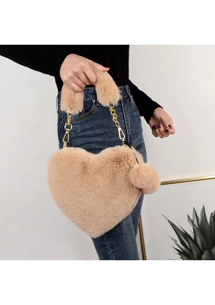 Sarı Stil 23X20CM Faux Kürk Kış Kadın Çanta Sevimli Peluş Bayanlar Kalp Şeklinde Omuz Çantası Sevimli Kadın Debriyaj Çanta Aşk Çanta Messenger Çanta (Yurt Dışından)