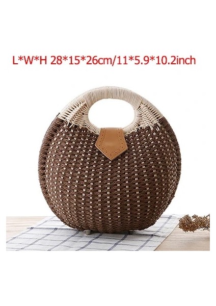 Kahverengi Tarzı Moda Hasır Dokuma Rattan Çanta Kadın Çanta Yuvarlak Zincir Hasır Omuz Çantası Wome Bohemia Boho Çanta Için Crossbody Çanta (Yurt Dışından)