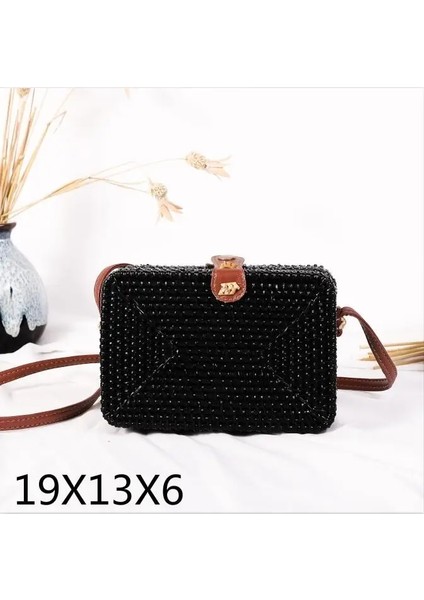 Siyah Stil Dokuma Kamış Örgü Çanta Yuvarlak Hasır Omuz Çantası Küçük Plaj Çantaları Kadın Yaz Hollow El Yapımı Messenger Crossbody Çanta (Yurt Dışından)