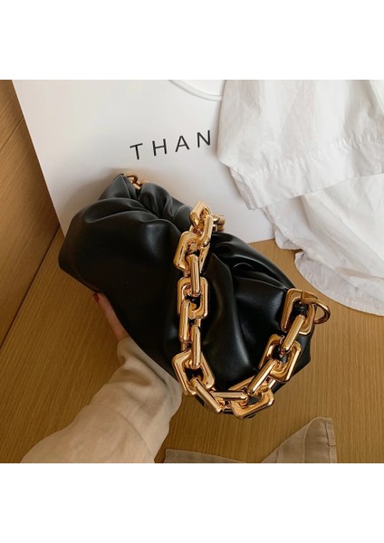 Siyah Stil Kadınlar Lüks Tasarımcı Debriyaj Çanta Çanta Sıcak Yeni Trendy Moda Bayanlar Kalın Zincir Omuz Çantası Yumuşak Pu Kadın Çanta Tote (Yurt Dışından)