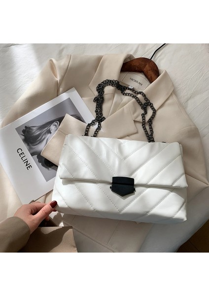 Beyaz Stil Popüler Basit Kadın Günlük Çanta Taşınabilir Omuz Crossbody Çanta Kadın Katı Deri Zincir Çanta Banliyö Tote (Yurt Dışından)
