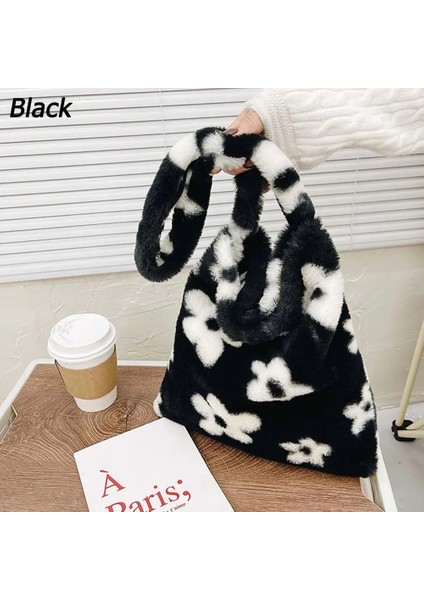 Kensen Shop Siyah Stil Peluş Tote Çanta Wome Moda Inek Baskı Omuz Çantası Leopar Baskı Yumuşak Peluş Çanta Kadın Kış Messenger Çanta (Yurt Dışından)