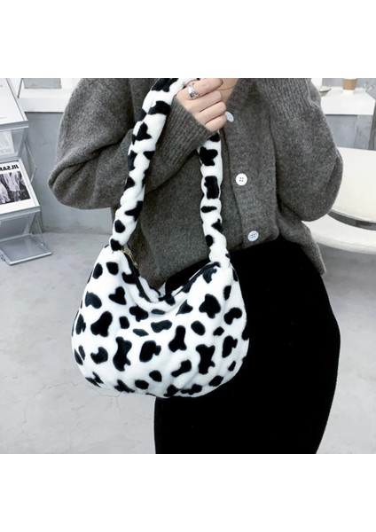 Kensen Shop Siyah Stil Peluş Tote Çanta Wome Moda Inek Baskı Omuz Çantası Leopar Baskı Yumuşak Peluş Çanta Kadın Kış Messenger Çanta (Yurt Dışından)