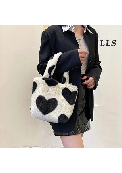 Kensen Shop Siyah Stil Peluş Tote Çanta Wome Moda Inek Baskı Omuz Çantası Leopar Baskı Yumuşak Peluş Çanta Kadın Kış Messenger Çanta (Yurt Dışından)