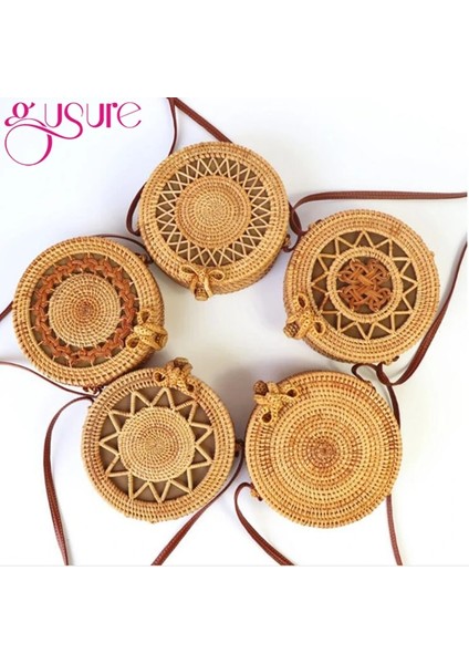No.44 Tarzı Gusure Dokuma Kamış Örgü Çanta Yuvarlak Hasır Omuz Çantası Küçük Plaj Çantaları Kadın Yaz Hollow El Yapımı Messenger Crossbody Çanta (Yurt Dışından) fırsatları