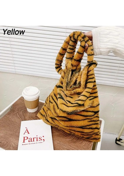Sarı Stil Peluş Tote Çanta Wome Moda Inek Baskı Omuz Çantası Leopar Baskı Yumuşak Peluş Çanta Kadın Kış Messenger Çanta (Yurt Dışından)