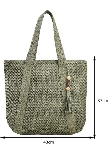 Yeşil Stil Yaz Saman Dokuma Çanta Kadın Çanta El Yapımı Rafya Plaj Boho Omuz Çantası Büyük Tote Çanta Püskül Alışveriş Çantası Bolsa (Yurt Dışından)