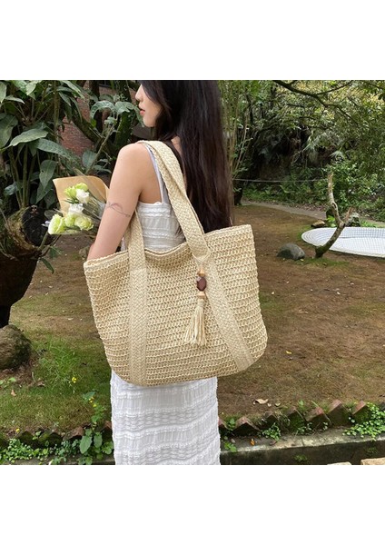 Yeşil Stil Yaz Saman Dokuma Çanta Kadın Çanta El Yapımı Rafya Plaj Boho Omuz Çantası Büyük Tote Çanta Püskül Alışveriş Çantası Bolsa (Yurt Dışından) modelleri