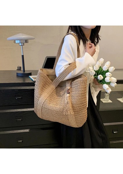 Yeşil Stil Yaz Saman Dokuma Çanta Kadın Çanta El Yapımı Rafya Plaj Boho Omuz Çantası Büyük Tote Çanta Püskül Alışveriş Çantası Bolsa (Yurt Dışından) fırsatları
