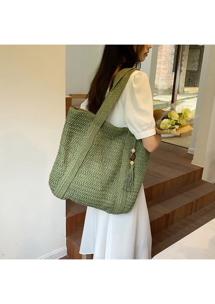 Yeşil Stil Yaz Saman Dokuma Çanta Kadın Çanta El Yapımı Rafya Plaj Boho Omuz Çantası Büyük Tote Çanta Püskül Alışveriş Çantası Bolsa (Yurt Dışından) indirimleri
