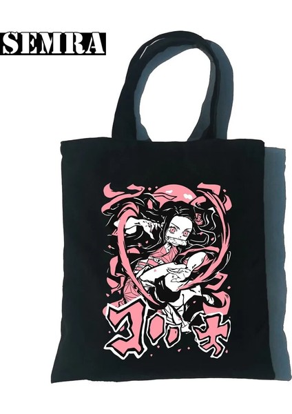 T116B-SIYAH Tarzı Nezuko Chibi Kimetsu Hiçbir Yaiba Kadın Kanvas Tote Alışveriş Çantası Kız Iblis Avcısı Öğrenci Öğretmen Malzemeleri Büyük Kapasiteli Ins (Yurt Dışından) modelleri