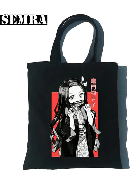 T116B-SIYAH Tarzı Nezuko Chibi Kimetsu Hiçbir Yaiba Kadın Kanvas Tote Alışveriş Çantası Kız Iblis Avcısı Öğrenci Öğretmen Malzemeleri Büyük Kapasiteli Ins (Yurt Dışından) fırsatları