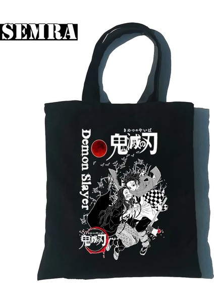 T116B-SIYAH Tarzı Nezuko Chibi Kimetsu Hiçbir Yaiba Kadın Kanvas Tote Alışveriş Çantası Kız Iblis Avcısı Öğrenci Öğretmen Malzemeleri Büyük Kapasiteli Ins (Yurt Dışından) indirimleri
