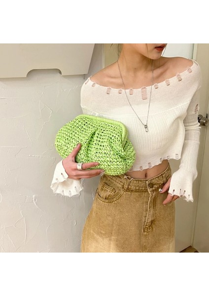 Haki Tarzı Kadın Debriyaj Çanta Hamur Hasır Çanta Kılıfı Rattan Dokuma Tote Çanta Yaz Plaj Zinciri Şeker Lüks Satchel Çanta Messenger Çanta (Yurt Dışından) modelleri