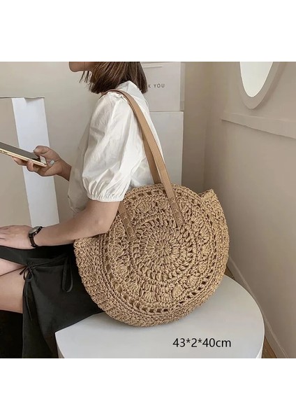 No.24 Tarzı Gusure Dokuma Kamış Örgü Çanta Yuvarlak Hasır Omuz Çantası Küçük Plaj Çantaları Kadın Yaz Hollow El Yapımı Messenger Crossbody Çanta (Yurt Dışından)