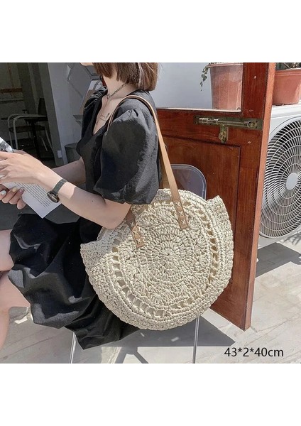 No.23 Tarzı Gusure Dokuma Kamış Örgü Çanta Yuvarlak Hasır Omuz Çantası Küçük Plaj Çantaları Kadın Yaz Hollow El Yapımı Messenger Crossbody Çanta (Yurt Dışından)