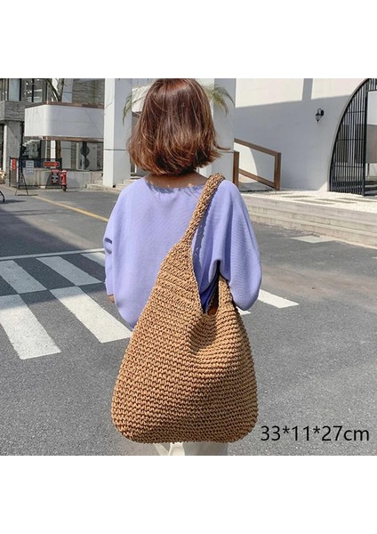 No.32 Tarzı Gusure Dokuma Kamış Örgü Çanta Yuvarlak Hasır Omuz Çantası Küçük Plaj Çantaları Kadın Yaz Hollow El Yapımı Messenger Crossbody Çanta (Yurt Dışından)