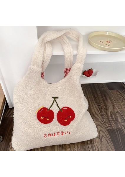 Gülen Stil Peluş Tote Çanta Alışveriş Çanta Wome Sonbahar Kış Kızlar Için Rahat Sevimli Kiraz Nakış Lmitasyon Yün Eko Omuz Çantaları (Yurt Dışından) fiyatları