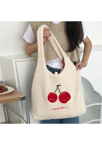Gülen Stil Peluş Tote Çanta Alışveriş Çanta Wome Sonbahar Kış Kızlar Için Rahat Sevimli Kiraz Nakış Lmitasyon Yün Eko Omuz Çantaları (Yurt Dışından) fırsatları